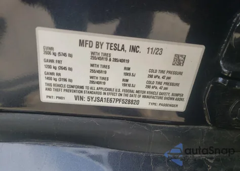 2023 Tesla Model S Plaid Tri Motor All-Wheel Drive из США, поврежденный, VIN 5YJSA1E67PF528820